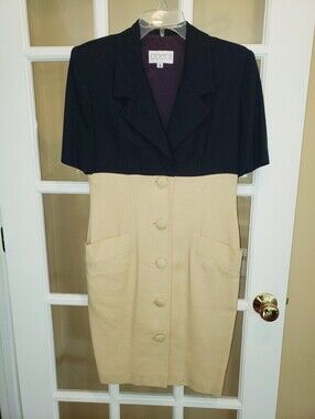 VTG Oberon Linen Button Down Dress in Soft Yellow & Navy Size: 8
